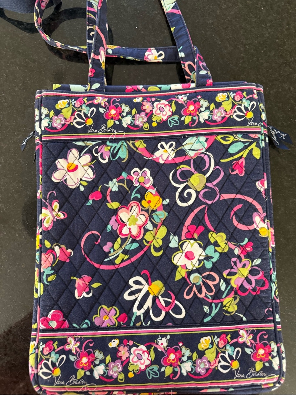 Vera Bradley Navy Quilted Floral Tote with Pink, Green & White Accents